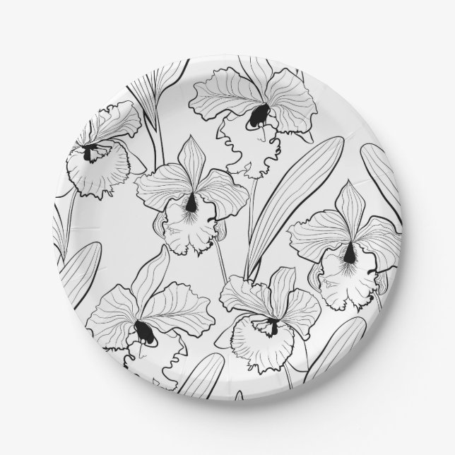 Seamless sketched orchid cattleya flowers tropical paper plate (Front)