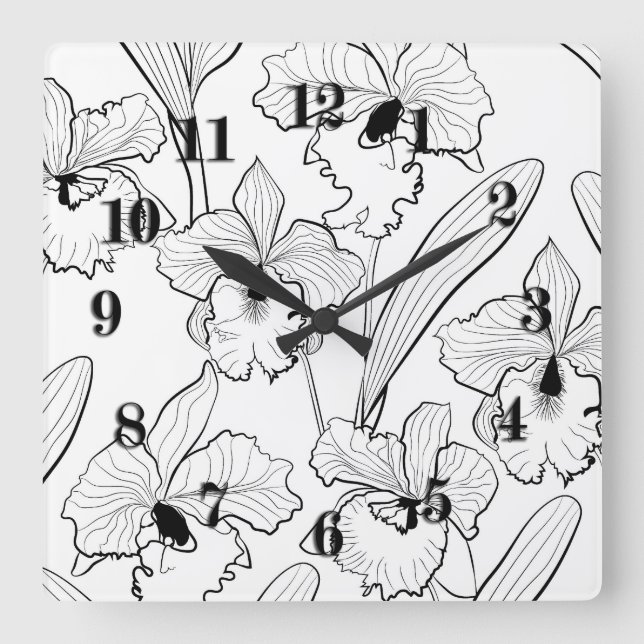 Seamless sketched orchid cattleya flowers tropical square wall clock (Front)