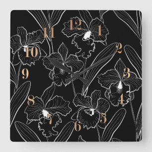 Seamless sketched orchid cattleya flowers tropical square wall clock