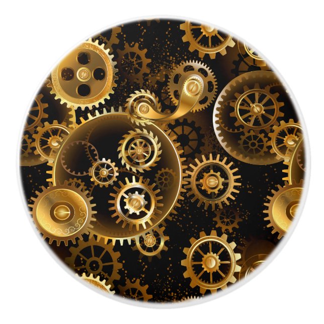 Seamless Steampunk Brass Gears Ceramic Knob (Front)