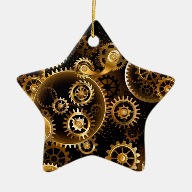 Seamless Steampunk Brass Gears Ceramic Ornament (Front)