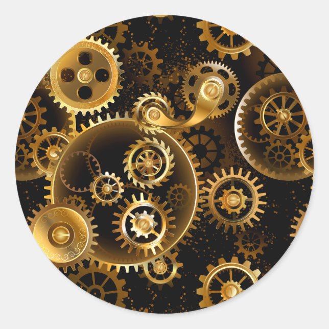 Seamless Steampunk Brass Gears Classic Round Sticker (Front)