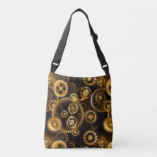 Seamless Steampunk Brass Gears Crossbody Bag (Front)