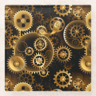 Seamless Steampunk Brass Gears Glass Coaster