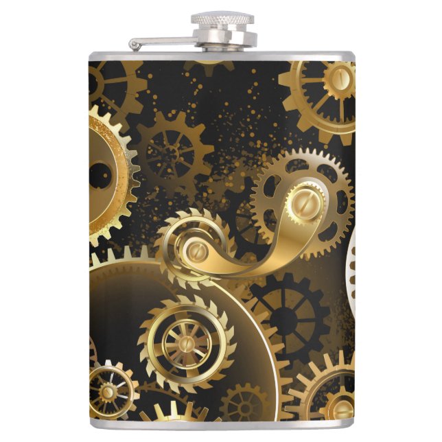 Seamless Steampunk Brass Gears Hip Flask (Front)