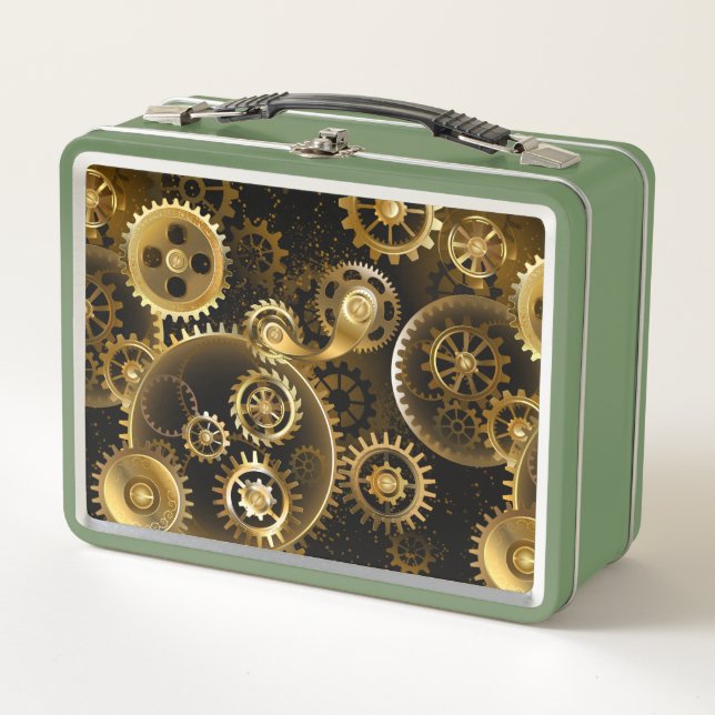 Seamless Steampunk Brass Gears Metal Lunch Box (Front)