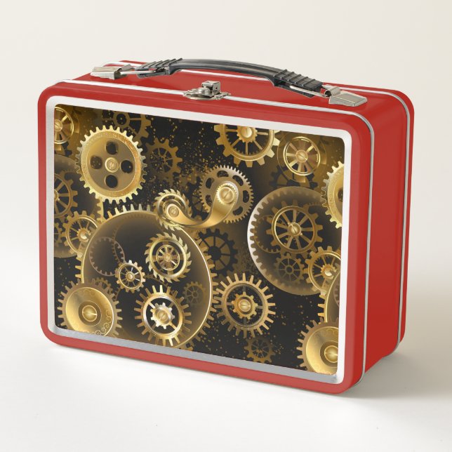 Seamless Steampunk Brass Gears Metal Lunch Box (Front)