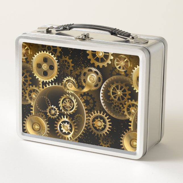 Seamless Steampunk Brass Gears Metal Lunch Box (Front)