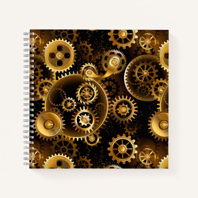 Seamless Steampunk Brass Gears Notebook (Front)
