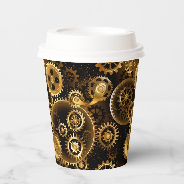Seamless Steampunk Brass Gears Paper Cups (Front)