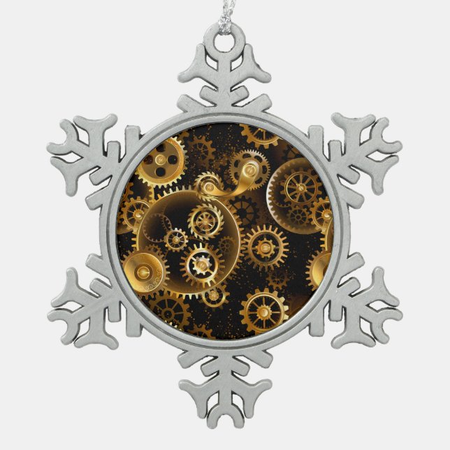 Seamless Steampunk Brass Gears Snowflake Pewter Christmas Ornament (Front)