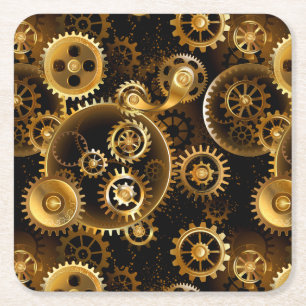 Seamless Steampunk Brass Gears Square Paper Coaster