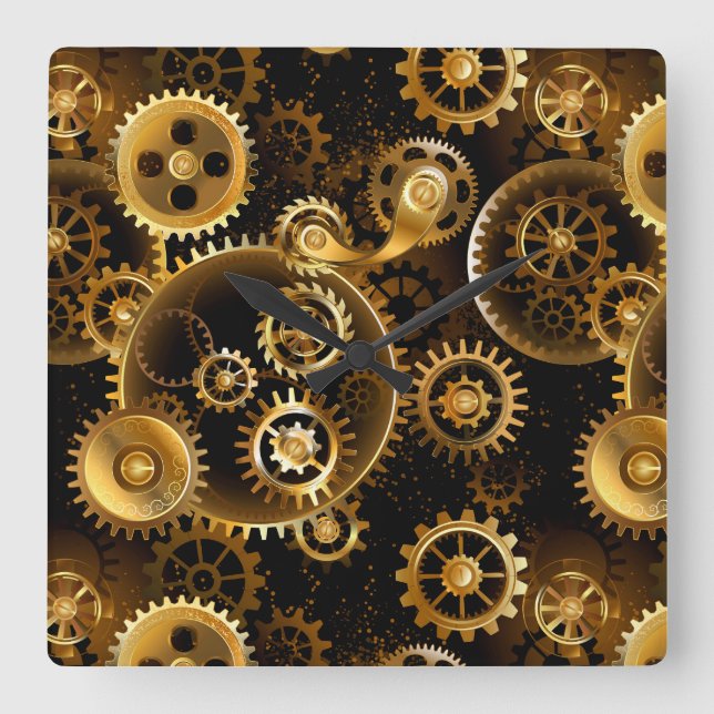 Seamless Steampunk Brass Gears Square Wall Clock (Front)