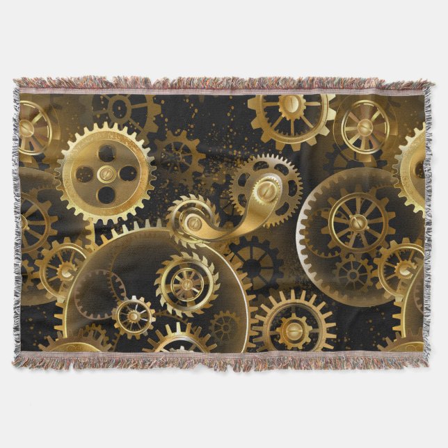 Seamless Steampunk Brass Gears Throw Blanket (Front)