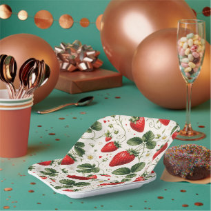 Seamless Strawberry Botanical Pattern Vintage Srq Paper Plate