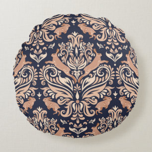 Seamless symmetrical pattern in the Damask style. Round Cushion