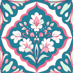 Seamless Teal Mint Pink and White Flowers Floral Ceramic Tile