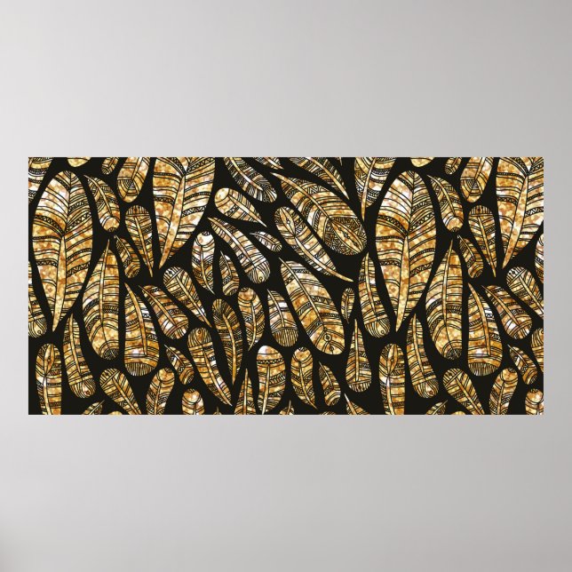 Seamless texture pattern of glowing golden feather poster (Front)