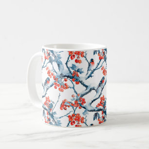Seamless titmouse birds, winter snow branches, row coffee mug
