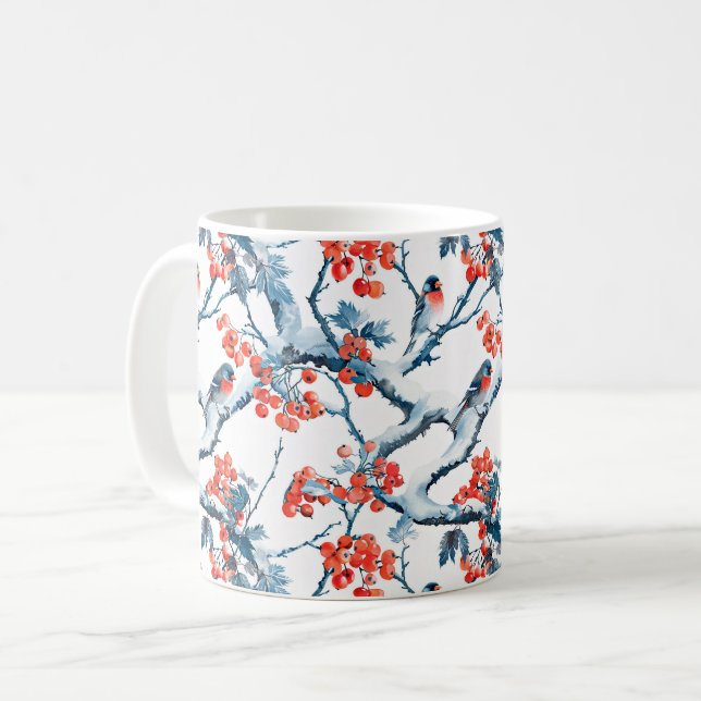 Seamless titmouse birds, winter snow branches, row coffee mug (Front Left)