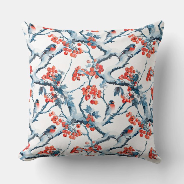 Seamless titmouse birds, winter snow branches, row cushion (Front)