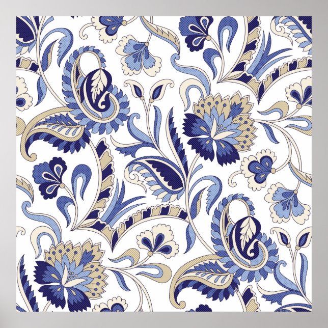 Seamless traditional Indian blue paisley patternpa Poster (Front)