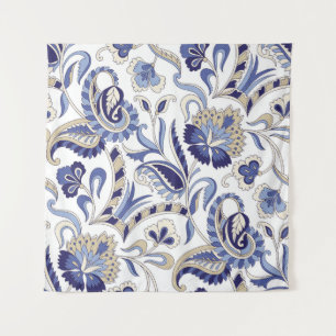 Seamless traditional Indian blue paisley patternpa Tapestry