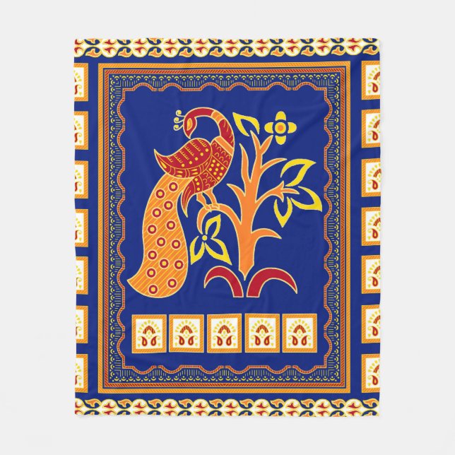 Seamless traditional indian border with peacock fleece blanket (Front)
