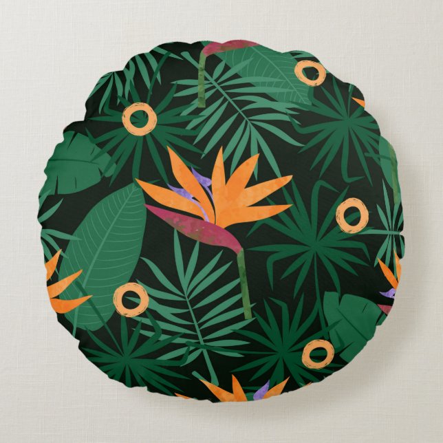 Seamless tropic pattern with strelitzia flowers an round cushion (Front)