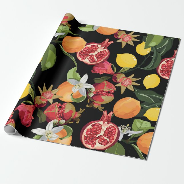Seamless Tropical Fruits Pattern. Exotic Backgroun Wrapping Paper (Unrolled)