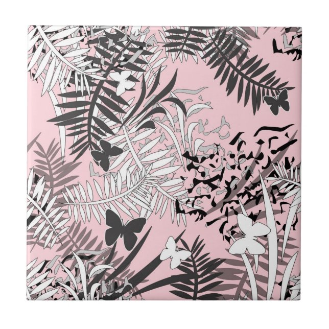 Seamless tropical jungle palm tropic leaves butter ceramic tile (Front)