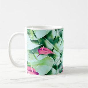 Seamless tropical leaves pattern background, retro coffee mug