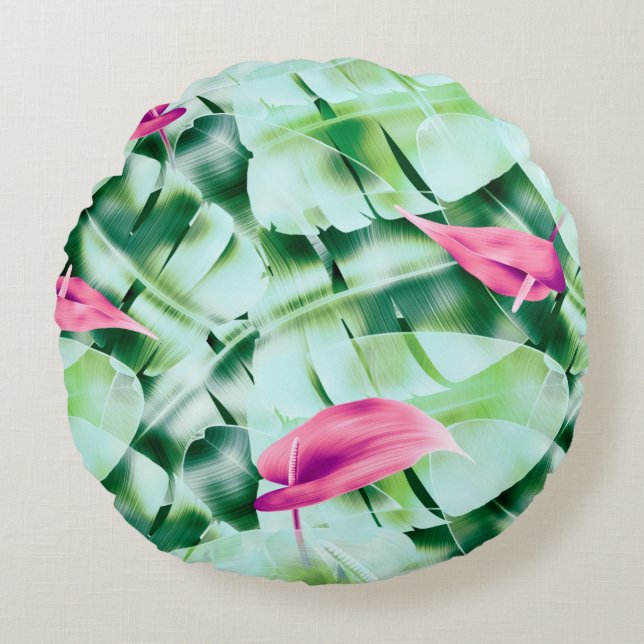 Seamless tropical leaves pattern background, retro round cushion (Front)