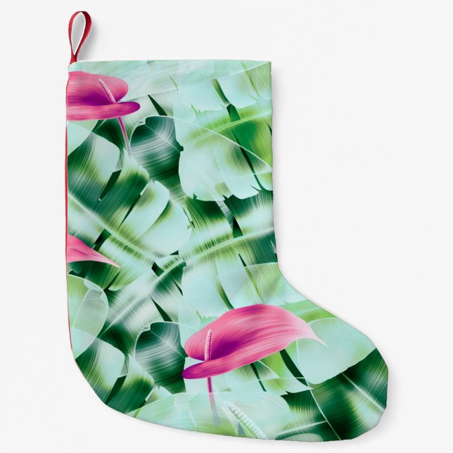 Seamless tropical leaves pattern background, retro small christmas stocking (Front)