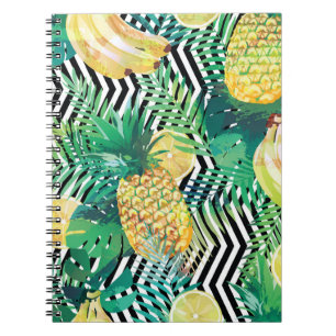 Seamless tropical pattern with bananas lemons palm notebook