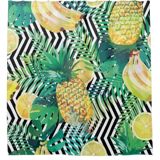 Seamless tropical pattern with bananas lemons palm shower curtain (Front)