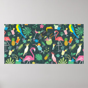 Seamless tropical pattern with birds and drinks 1 poster