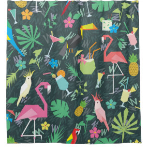 Seamless tropical pattern with birds and drinks 1 shower curtain