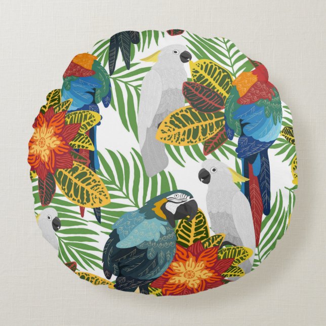 Seamless tropical pattern with parrots.  round cushion (Front)