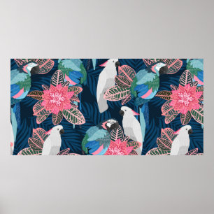 Seamless tropical pattern with parrots. Vintage il Poster