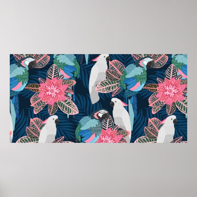 Seamless tropical pattern with parrots. Vintage il Poster (Front)