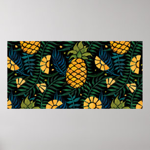 Seamless tropical pattern with pineapples and palm poster