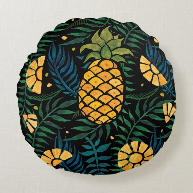 Seamless tropical pattern with pineapples and palm round cushion (Front)