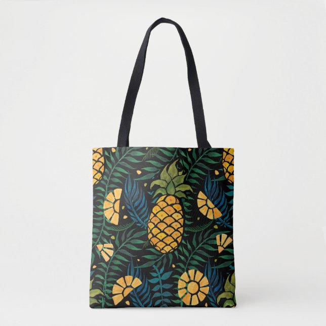 Seamless tropical pattern with pineapples and palm tote bag (Front)