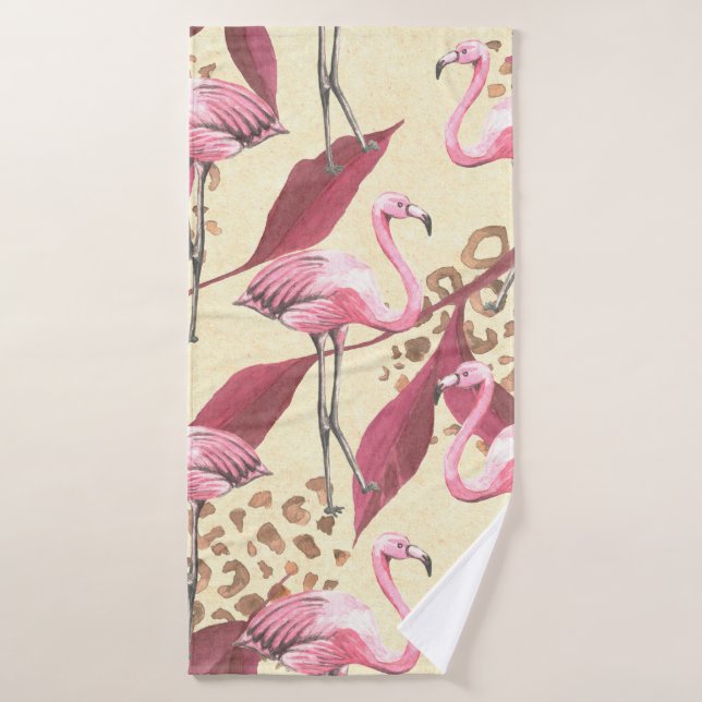 Seamless tropical pattern with pink flamingo, leav bath towel (Bath Towel)
