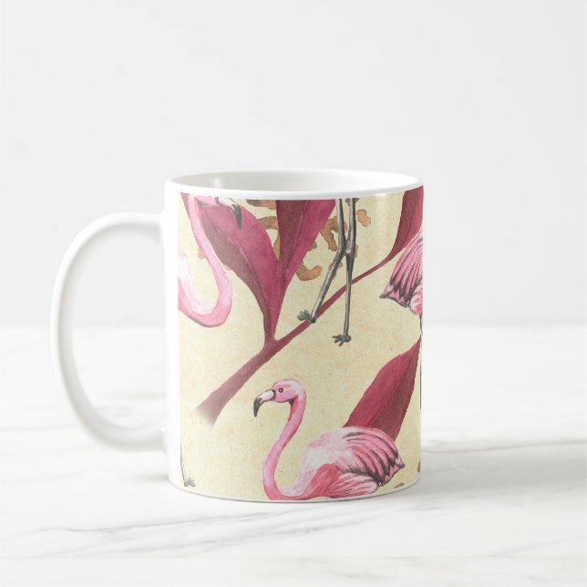 Seamless tropical pattern with pink flamingo, leav coffee mug (Left)