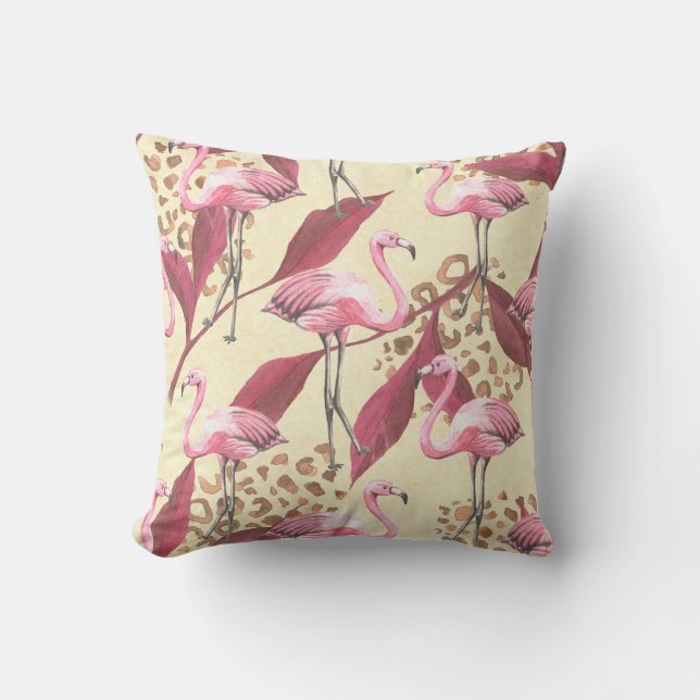Seamless tropical pattern with pink flamingo, leav cushion (Front)