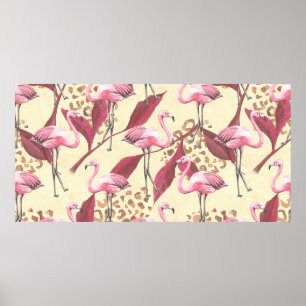 Seamless tropical pattern with pink flamingo, leav poster