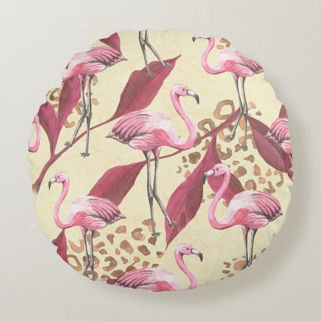 Seamless tropical pattern with pink flamingo, leav round cushion (Front)