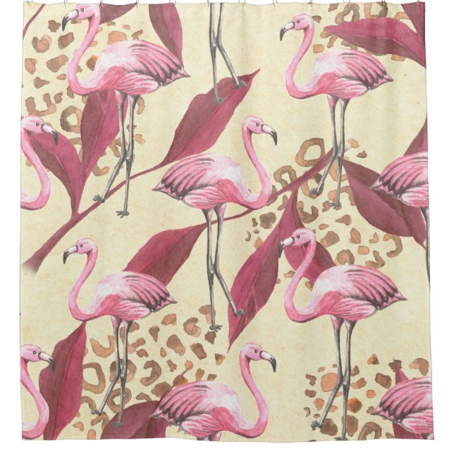 Seamless tropical pattern with pink flamingo, leav shower curtain (Front)